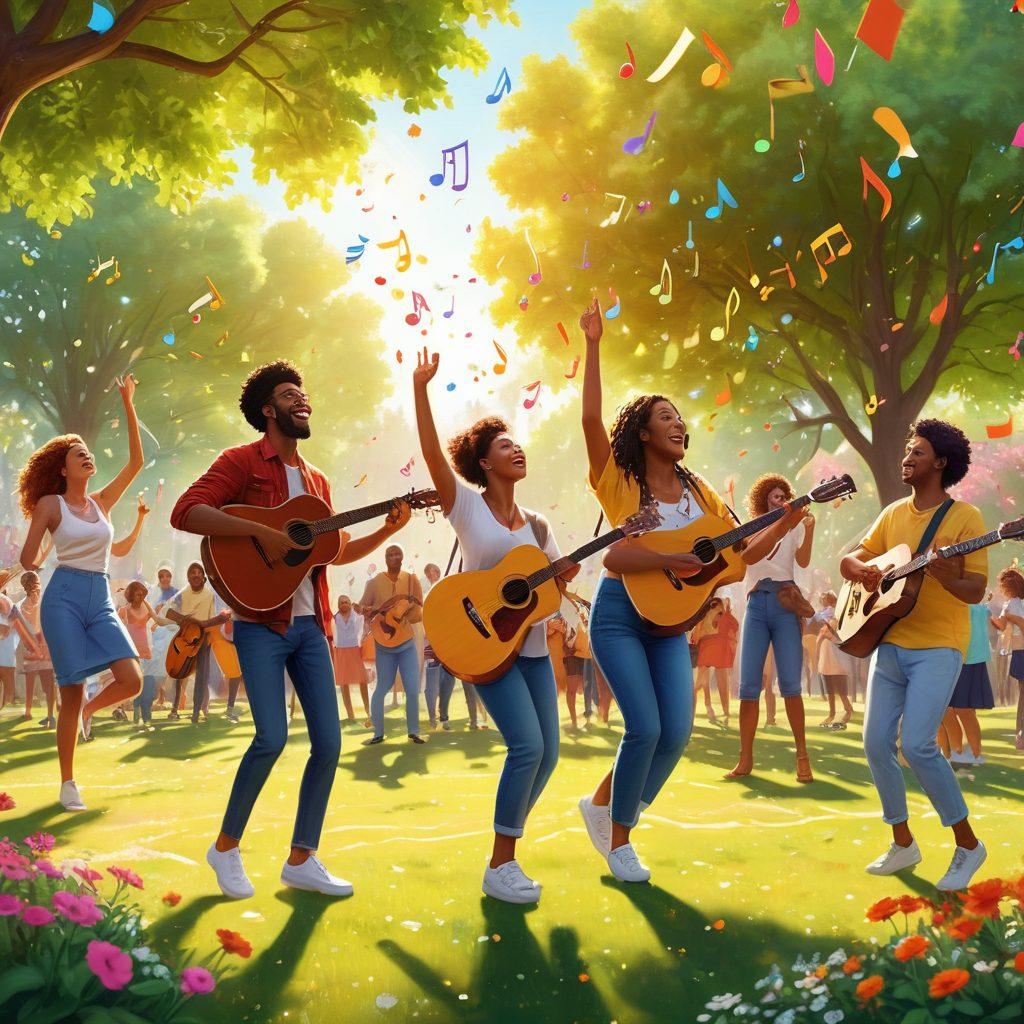 A vibrant scene featuring a diverse group of people joyfully engaging in music together, surrounded by colorful musical notes floating in the air. The background showcases a sunlit park with blooming flowers and trees, radiating positivity and happiness. Instruments like guitars, drums, and a keyboard are scattered around as people dance and sing. The atmosphere is filled with warmth and cheer, inviting viewers to join in the musical celebration. Bright colors, cheerful expressions, and a sense of community. super-realistic. vibrant colors. 3D.