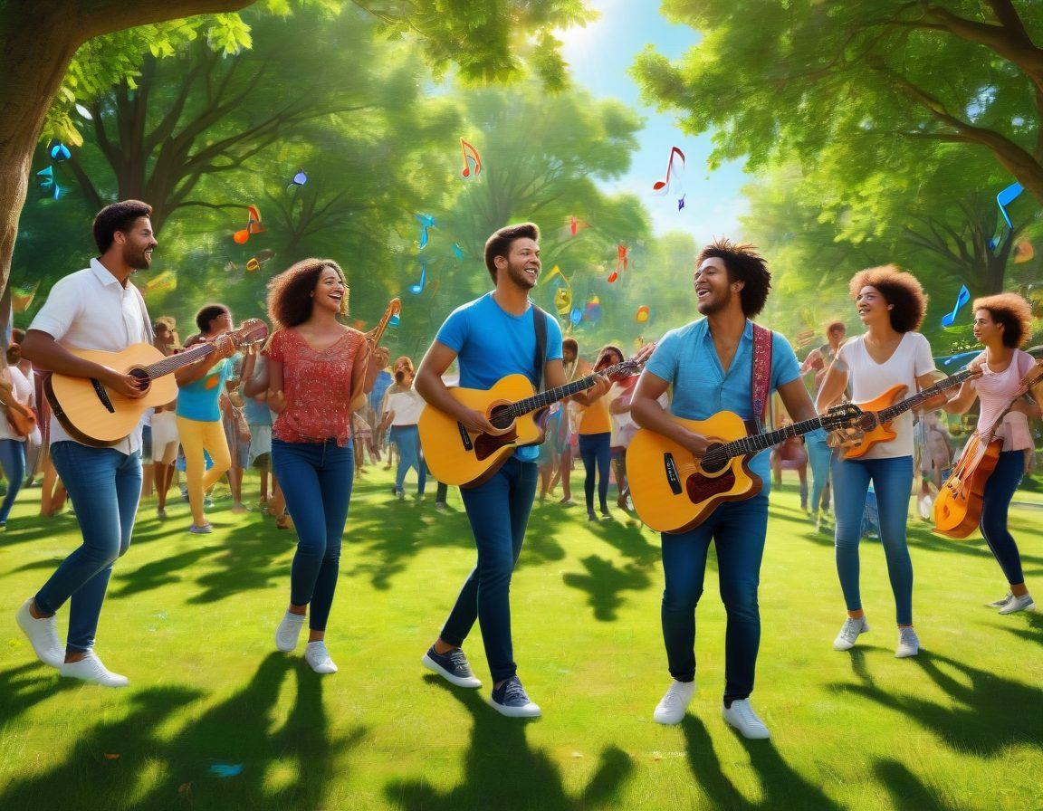 Create an inviting scene depicting a diverse group of people joyfully engaging with music and sounds in a sunny park. Incorporate vibrant musical notes and colorful sound waves flowing around them, symbolizing happiness and positive vibes. Include elements like cheerful instruments, headphones, and nature, with everyone smiling and dancing to the rhythm. Illustrate a bright blue sky and lush green trees in the background. super-realistic. vibrant colors. 3D.