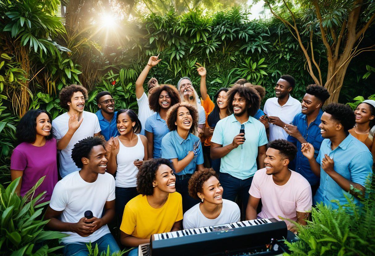 A vibrant community gathering featuring diverse individuals sharing audio equipment and enjoying music together, surrounded by colorful sound waves and musical notes. Include a backdrop of lush greenery to symbolize growth and connection. Bright smiles and engaging conversations should showcase the uplifting spirit of the audio enthusiasts. The setting feels alive and inviting, emphasizing togetherness and creativity. super-realistic. vibrant colors. 3D.